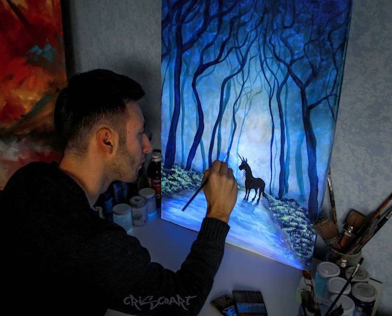 Italian artist’s mystical glow-in-the-dark paintings come to life at night