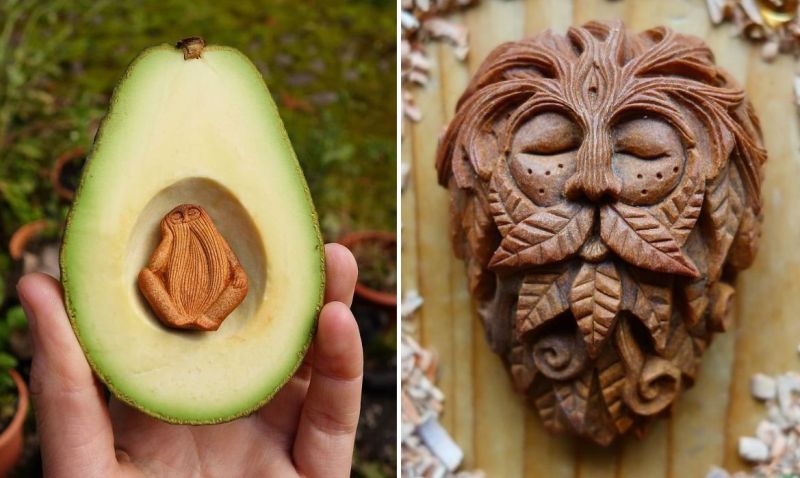 Irish artist carves avocado pits into tiny faces of forest spirits