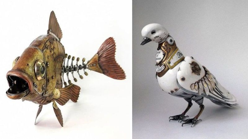 Steampunk animal sculptures made from recycled metal parts