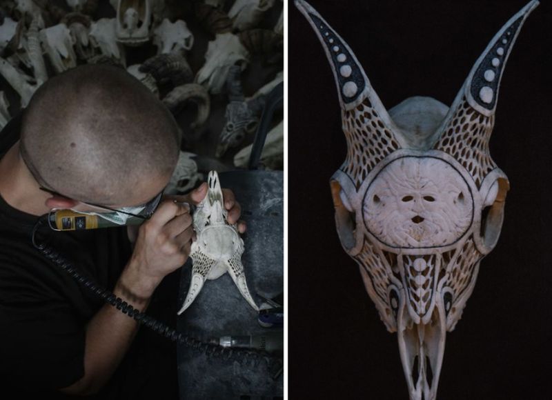 After being arrested for drugs, Victor changed his life by carving artistic skulls