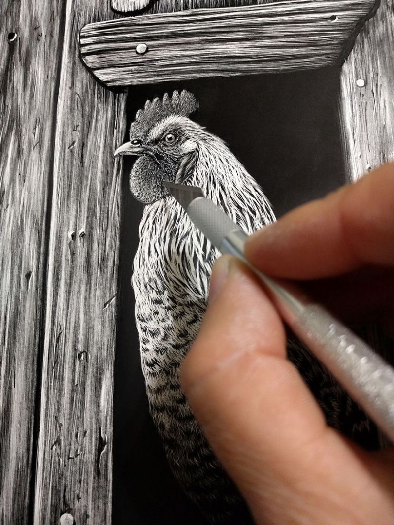 Hyper-realistic scratchboard Art by cathy sheeter