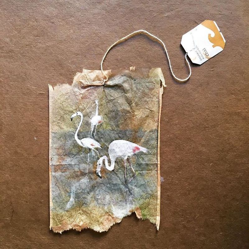 Miniature paintings on tea bags by Ruby Silvious