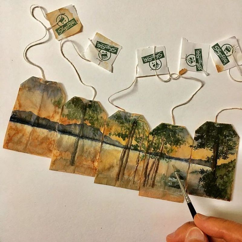 Miniature paintings on tea bags by Ruby Silvious