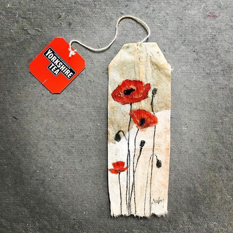 Miniature paintings on tea bags by Ruby Silvious