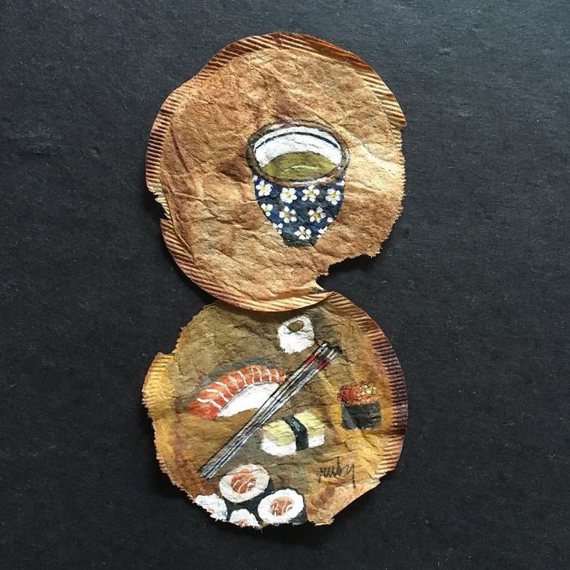 Miniature paintings on tea bags by Ruby Silvious