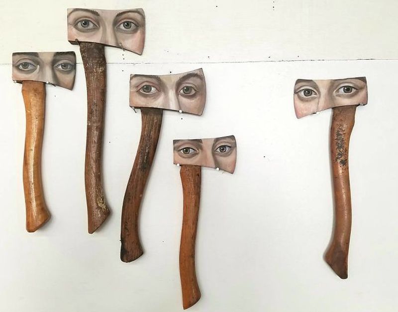 Portraits on worn out objects by Alexandra Dillon
