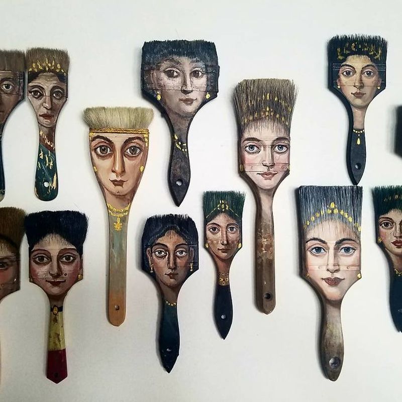 Portraits on worn out objects by Alexandra Dillon