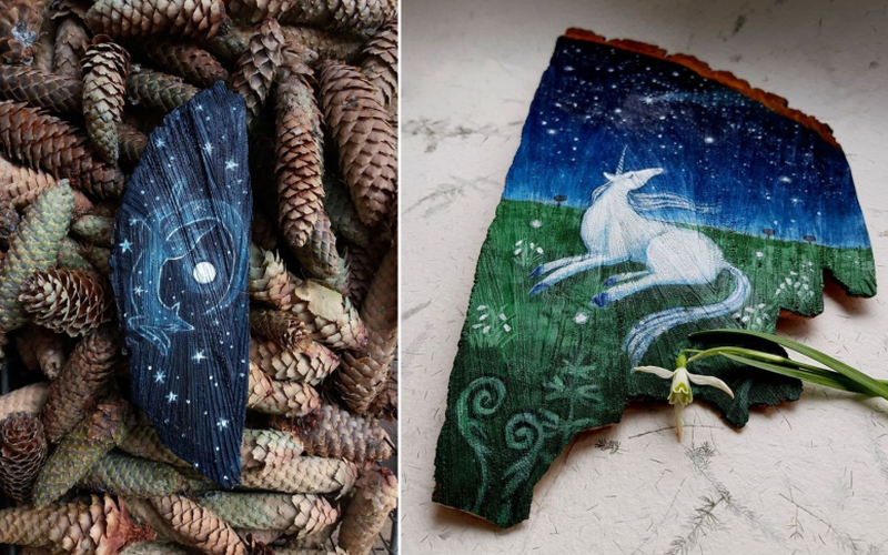 Artist Paints Whimsical Starry Scenes on Wood Pieces Found in Forests