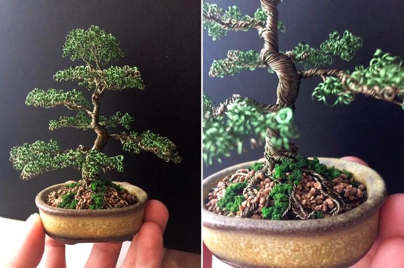 Metal Bonsai: Handmade miniature tree sculptures made out of wire