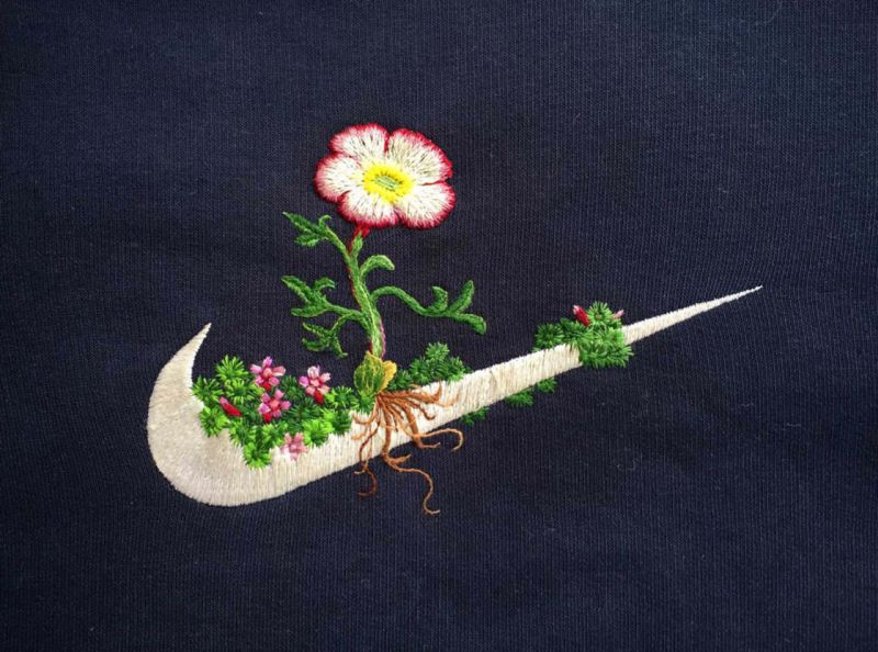 Artist transforms famous brand logos with floral embroidery