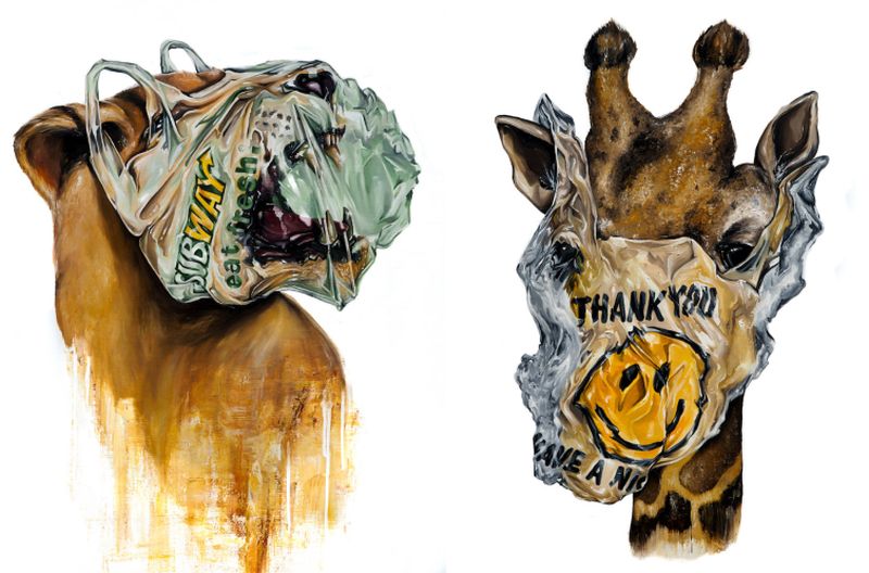 These surreal animal paintings portray negative effects of plastic bags