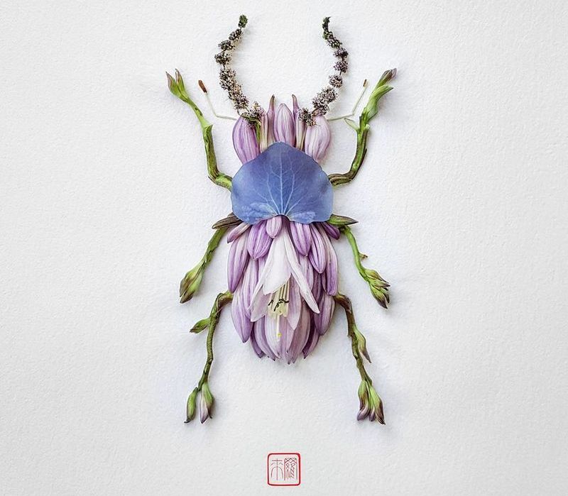 Raku Inoue turns variety of flowers and leaves into insect sculptures