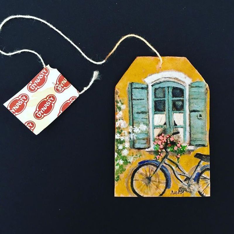 Miniature paintings on tea bags by Ruby Silvious