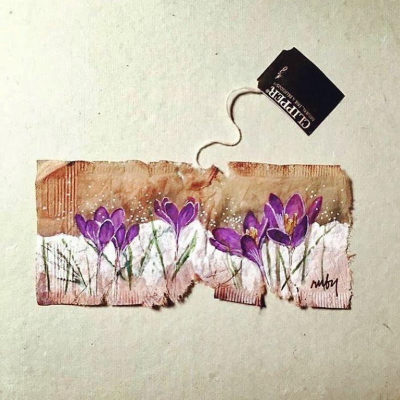 Miniature paintings on tea bags by Ruby Silvious