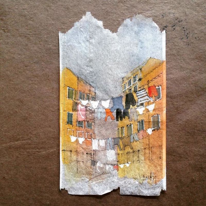 Miniature paintings on tea bags by Ruby Silvious
