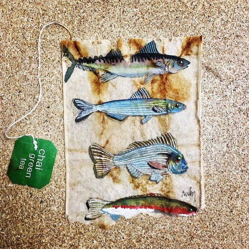 Miniature paintings on tea bags by Ruby Silvious