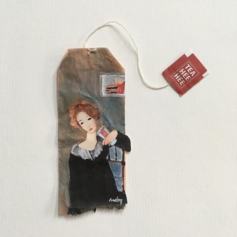 Miniature paintings on tea bags by Ruby Silvious