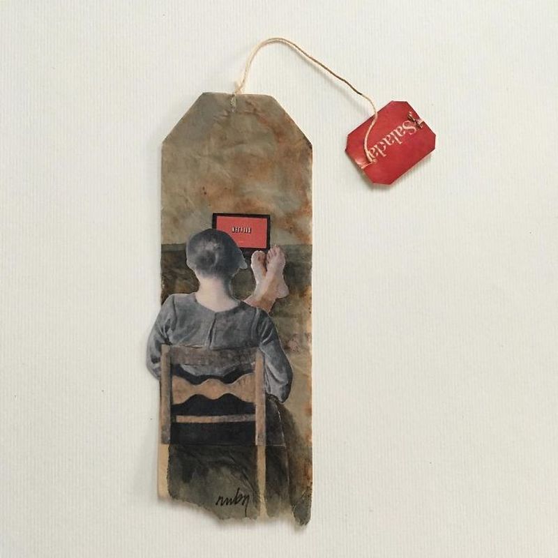 Miniature paintings on tea bags by Ruby Silvious