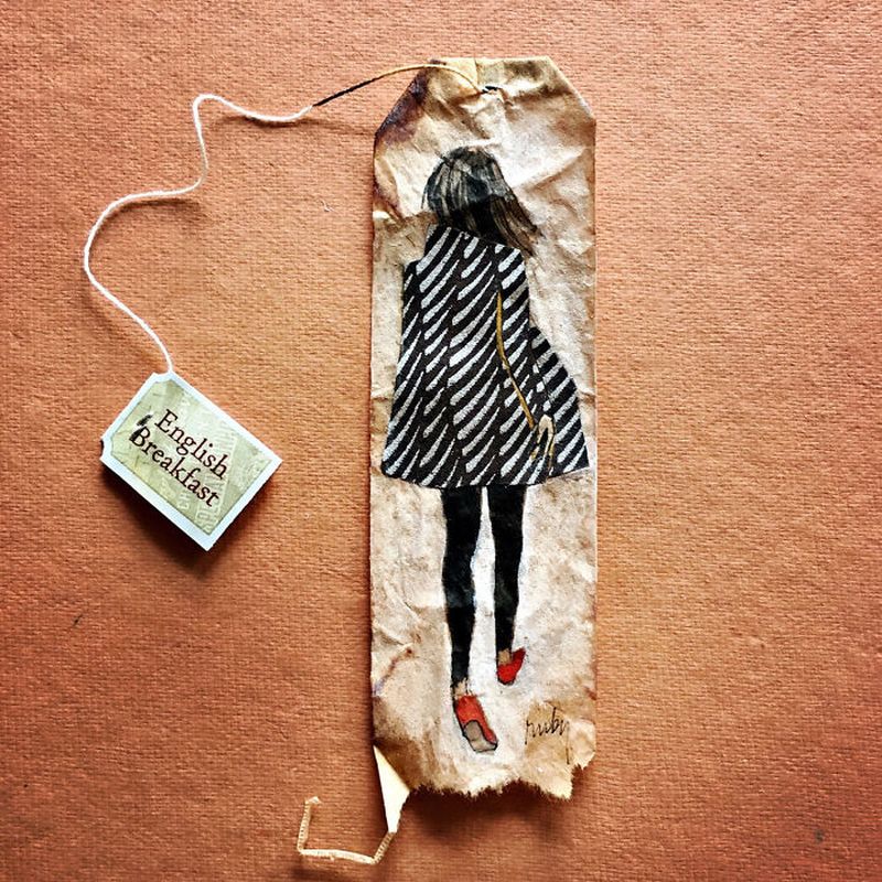 Miniature paintings on tea bags by Ruby Silvious