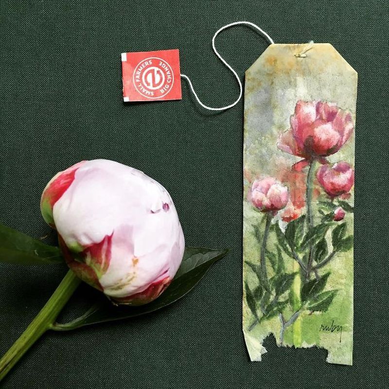 Miniature paintings on tea bags by Ruby Silvious