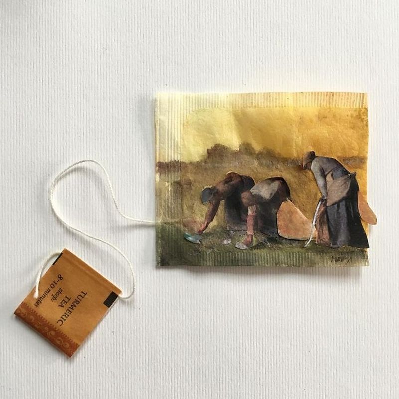 Miniature paintings on tea bags by Ruby Silvious