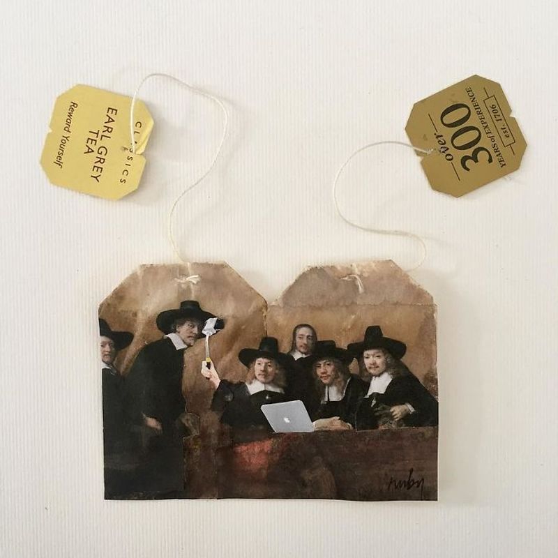 Miniature paintings on tea bags by Ruby Silvious