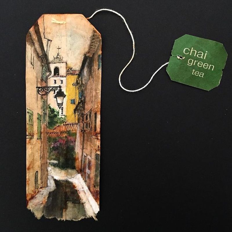 Miniature paintings on tea bags by Ruby Silvious