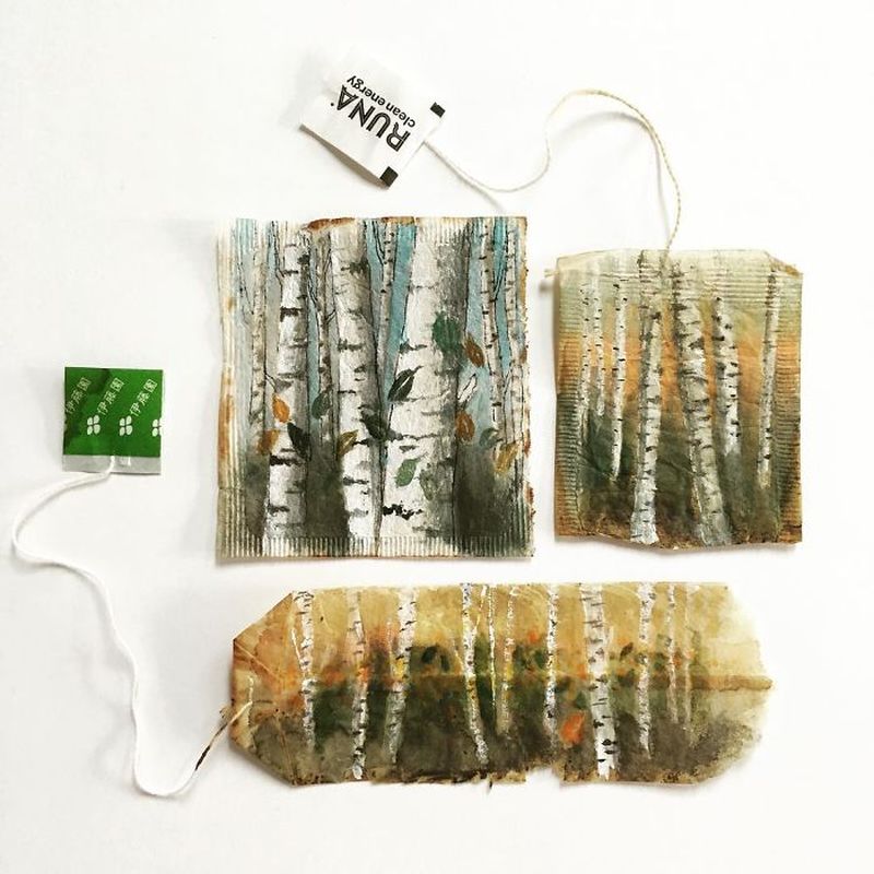 Miniature paintings on tea bags by Ruby Silvious