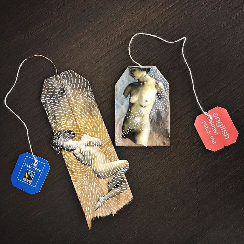 Miniature paintings on tea bags by Ruby Silvious