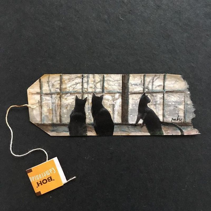 Miniature paintings on tea bags by Ruby Silvious