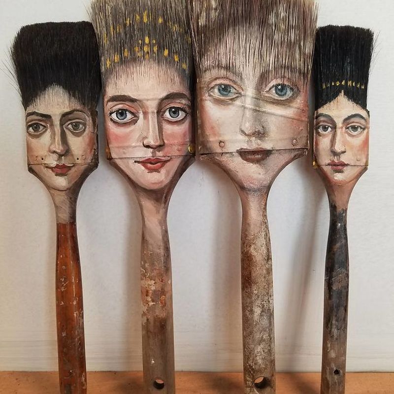 Portraits on worn out objects by Alexandra Dillon